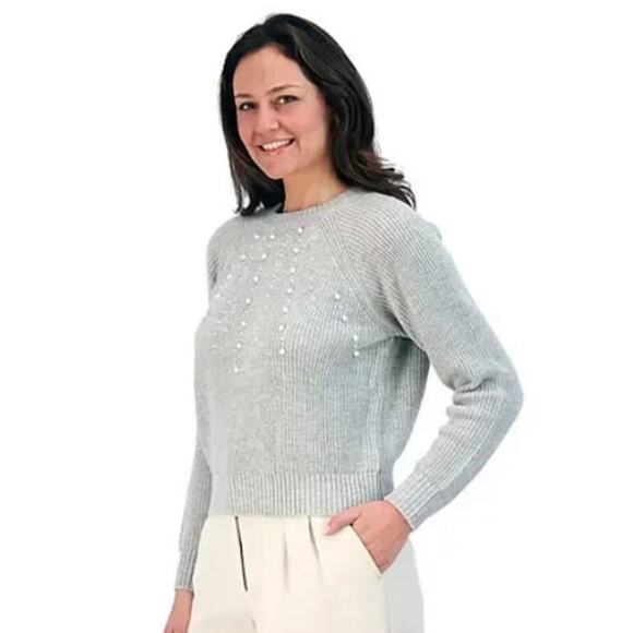 French Connection Women’s Pearl-Embellished Gray Knit Sweater Size XS Coquette - Picture 2 of 7
